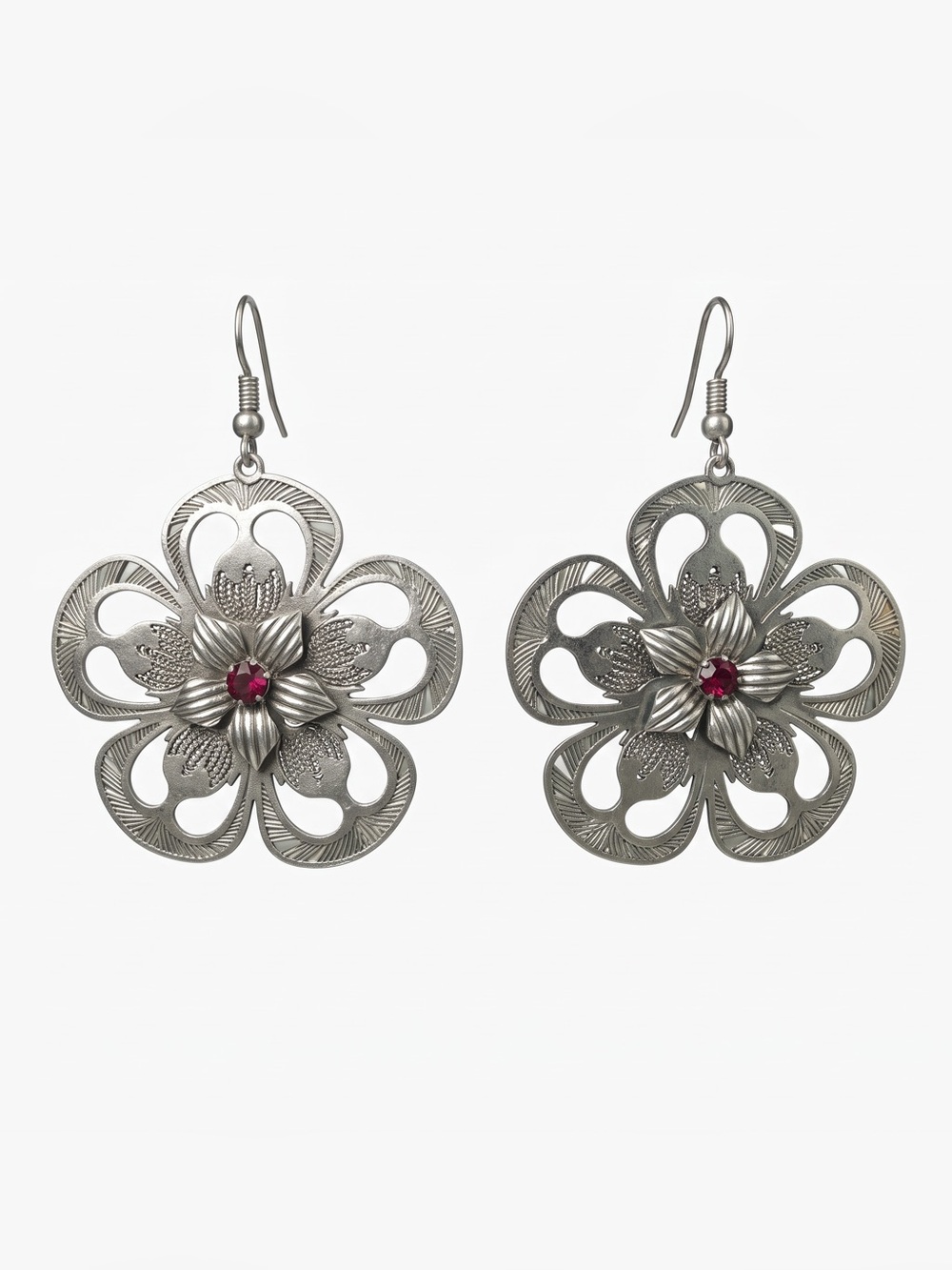 Silver Floral Drop Earrings with Pink Center - Women Jewelry